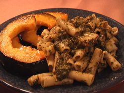 Fresh Homemade Pesto on Rice Pasta with Glazed, Baked Acorn Squash